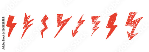 Set of lightning by wax pencil drawing. Collection of handdrawing chalk , light flash signs, Doodle thunder bolts, red color design elements. Graffiti style weather symbols. Vector illustration