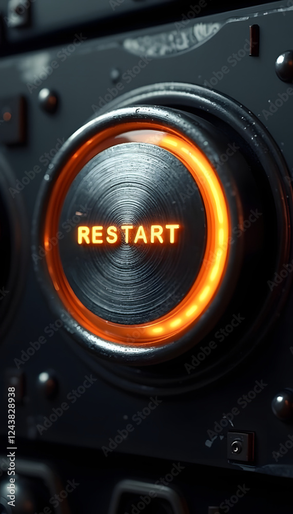 Fototapeta premium Close-up of a glowing restart button on a control panel with a sleek metallic design