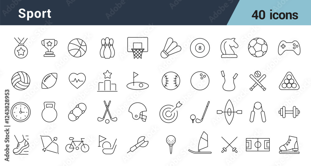 Naklejka premium Sport Line Editable Icons set. Includes Sports, football, basketball, trophy, competition, medal, gym, volleyball, Solid, vector illustration. 