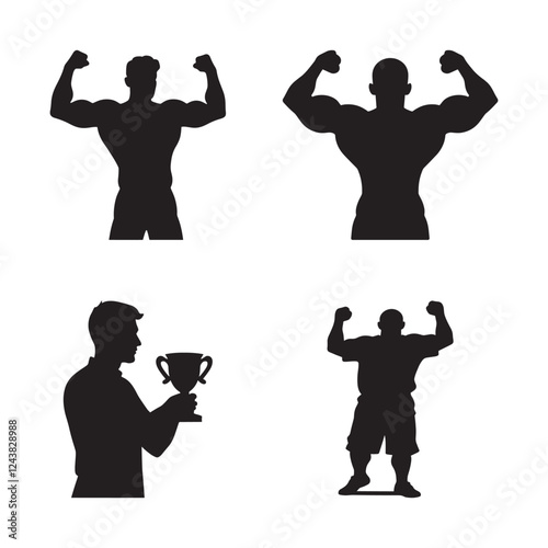 bodybuilder silhouette vector design, strong man fitness icon set, muscle flexing figures for sports designs