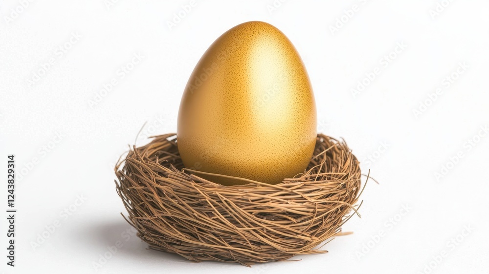 Obraz premium Happy Easter tradition. Golden egg nestled in a textured nest on a clean white background.