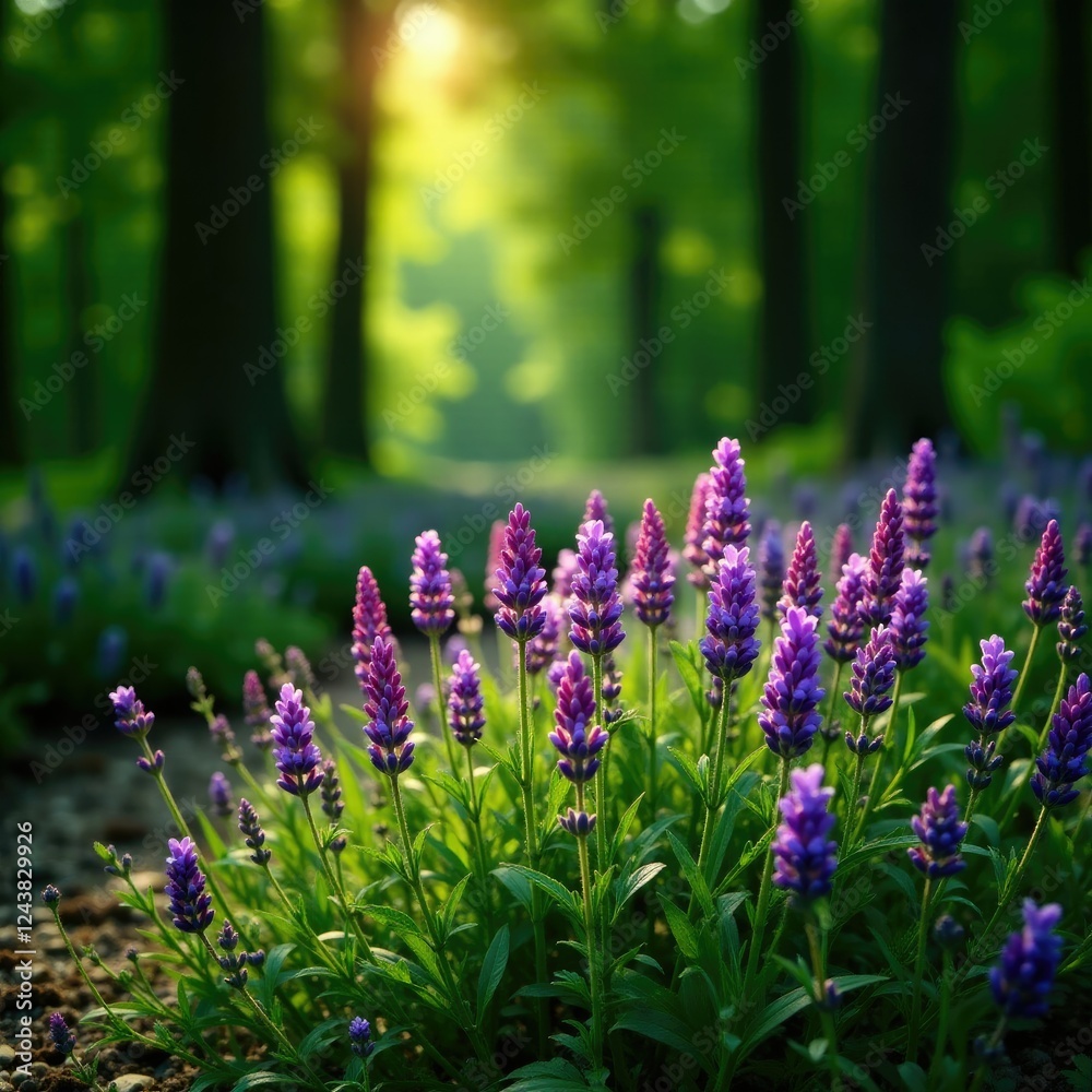 Obraz premium Wild lilac lavender growing amidst tall trees and lush undergrowth, wild lavender, plants, growth