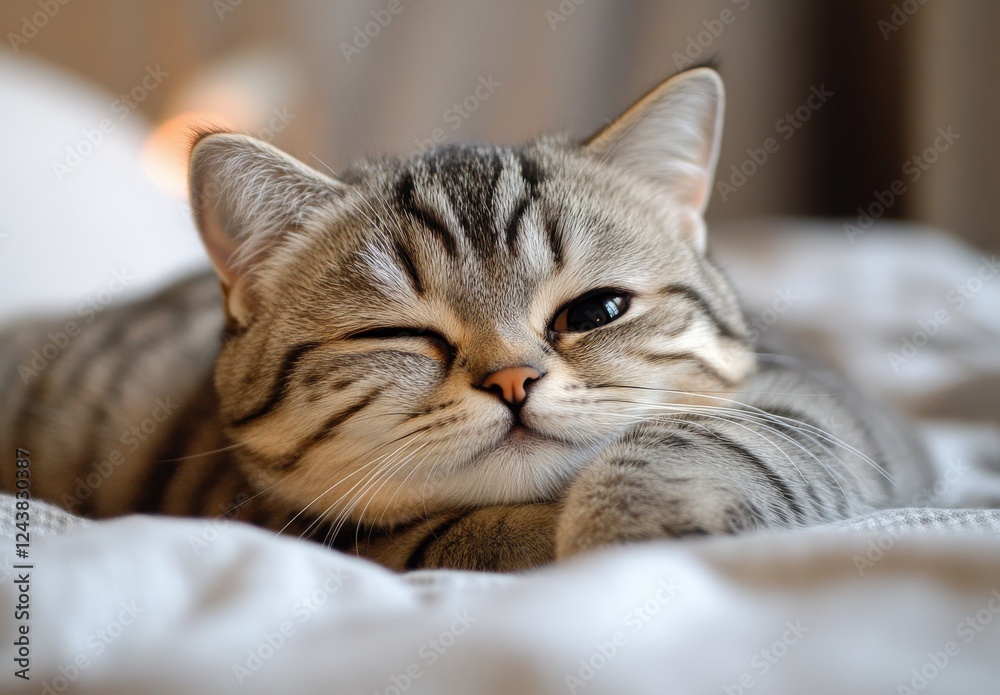 Naklejka premium Cute tabby cat winking while resting on a soft bed with blurred warm background highlighting its playful and adorable personality