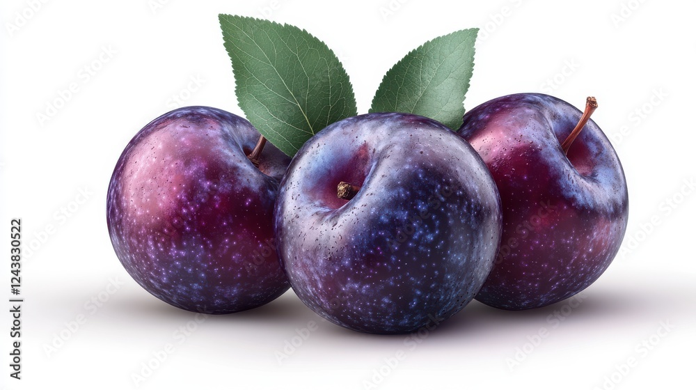 Fototapeta premium ripe plums with green leaf isolated on transparent background