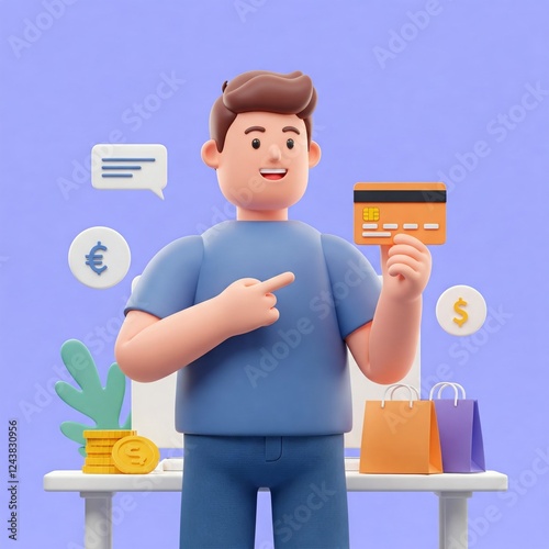 Young smiling man holding and pointing to credit debit card or digital payment card. Payment, banking and shopping concept. 3d vector people character illustration. Cartoon minimal style.