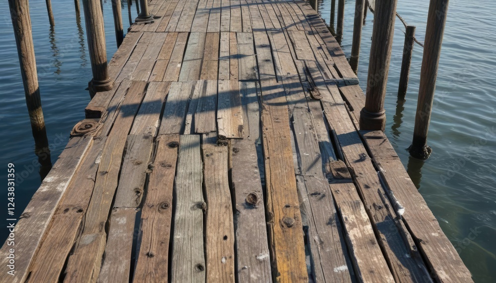 Fototapeta premium Wooden dock with weathered pilings and peeling paint, pier, weathered, wooden dock