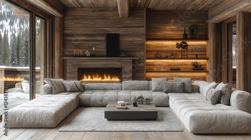 Cozy mountain lodge living room, fireplace, snowy view