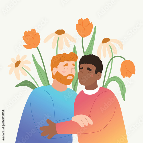 Colorful Valentine's Day gender-diverse cute couple. Hand drawn LGBTQ concept card in modern flat vector illustration style.