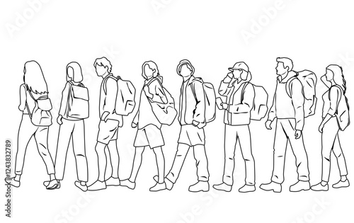 Silhouettes of men and women, group of walking business people with backpacks, profile, freehand drawing, vector, line sketch, black and white, isolated on white background