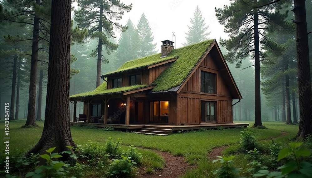 Stunning Green Roof Cabin in Misty Forest Stunning Green Roof Cabin in Misty Forest