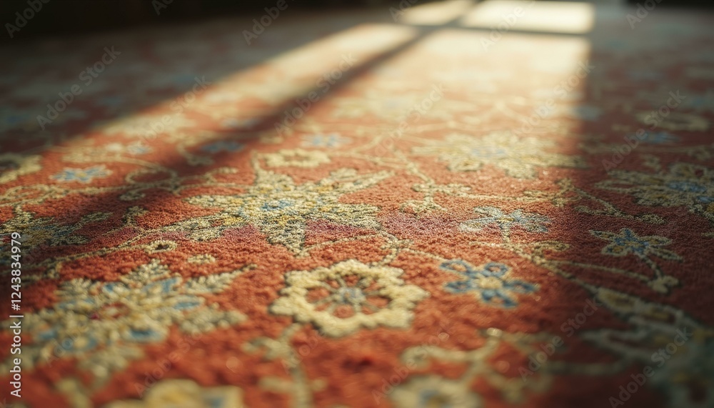 Ornate Red Carpet With Intricate Floral Patterns Illuminated By Sunlight Ornate Red Carpet With Intricate Floral Patterns Illuminated By Sunlight
