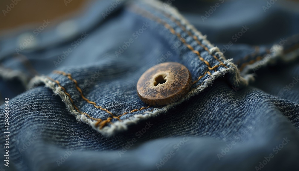 Close Up Of Blue Denim Jeans With Worn Button And Stitching Details Close Up Of Blue Denim Jeans With Worn Button And Stitching Details