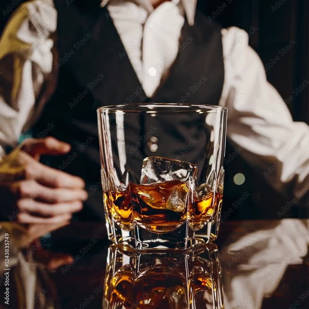 bartender in a formal vest stands behind a bar with a glass of whiskey and ice, creating a sophisticated and elegant atmosphere bartender in a formal vest stands behind a bar with a glass of whiskey and ice, creating a sophisticated and elegant atmosphere