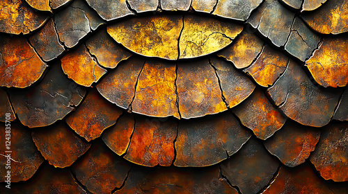 Close-up of cracked, layered metallic scales in vibrant earthy tones of gold, orange, and rust