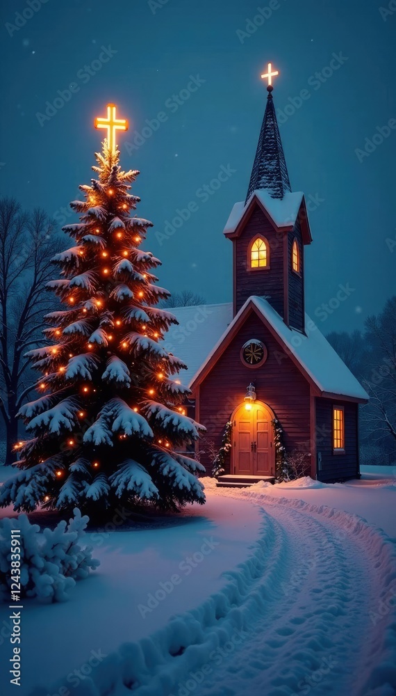 Church with cross aglow under a snow-covered Christmas tree, cross, decoration, illuminated Church with cross aglow under a snow-covered Christmas tree, cross, decoration, illuminated