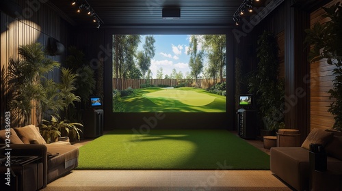 Indoor golf simulation setup with realistic virtual course view