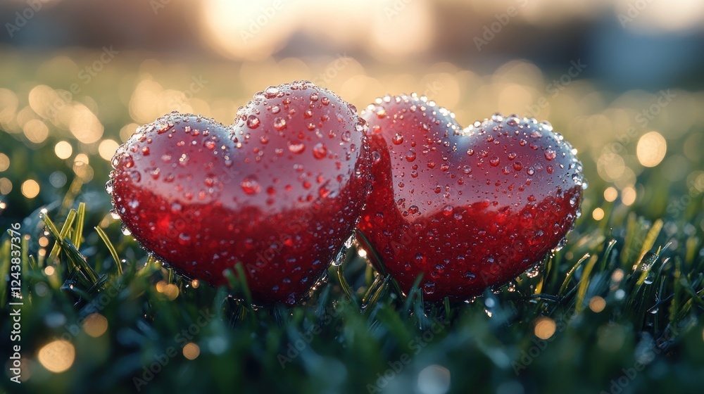 Obraz premium Dewy hearts unite in sunrise meadow, romance