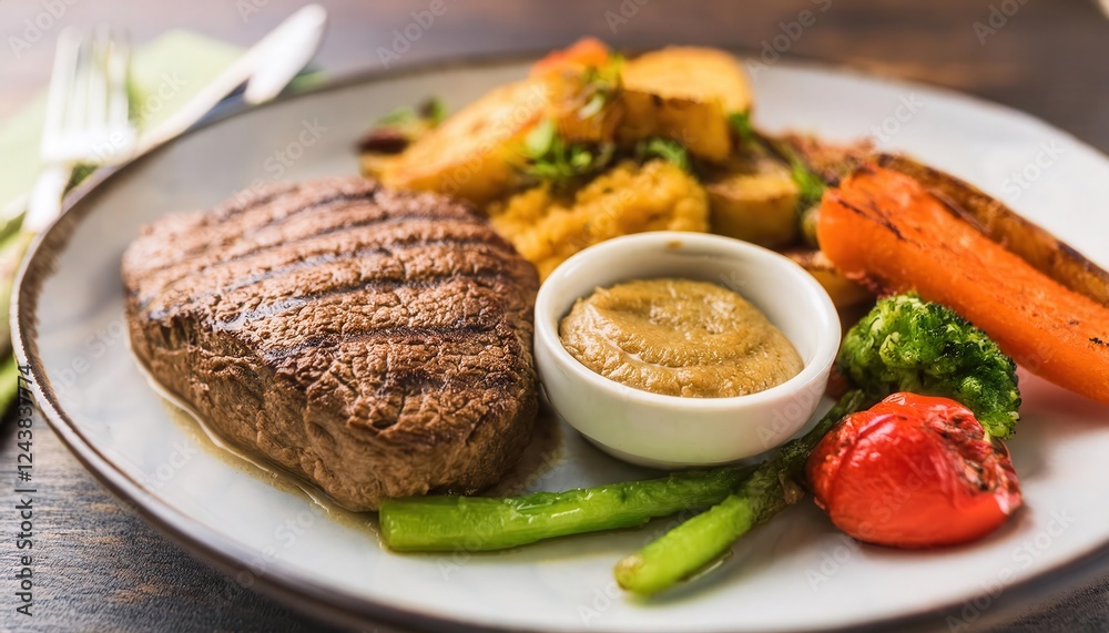 Delicious grilled steak served with vegetables and mustard sauce on a plate. Delicious grilled steak served with vegetables and mustard sauce on a plate.