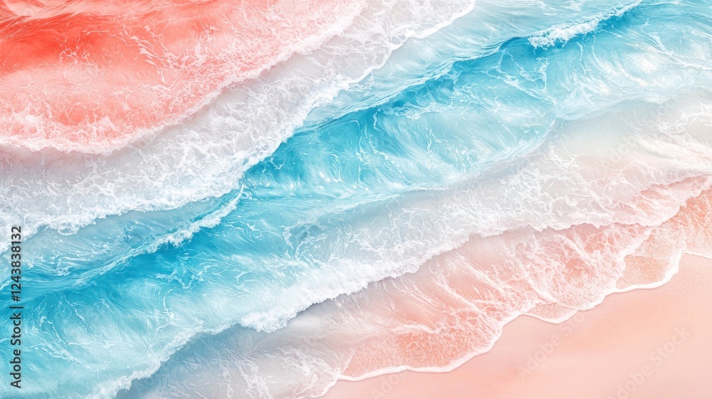 Fototapeta premium Heavenly Hues: An Aerial View of Serene Ocean Waves Crashing on a Pink Sandy Beach
