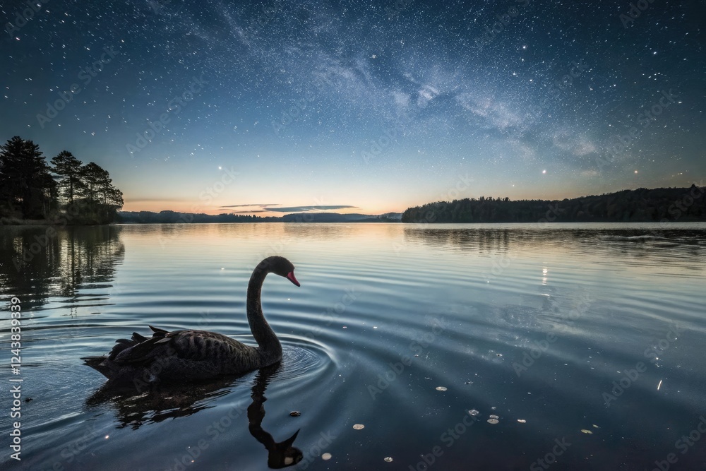 Under the stars a lone black swan floats on the calm waters of a lake its gentle ripples disturbing the otherwise glassy surface, starlight, celestial Under the stars a lone black swan floats on the calm waters of a lake its gentle ripples disturbing the otherwise glassy surface, starlight, celestial
