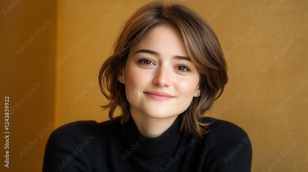 Confident And Calm, Indoor Portrait Of A Young Woman With Soft Lighting And Gentle Smile