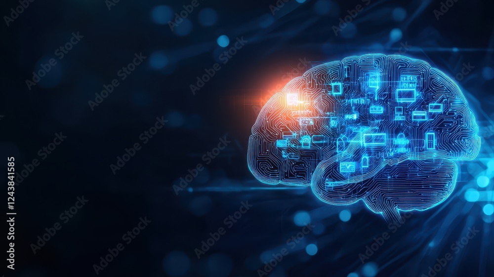 Obraz premium A digital illustration of a brain with glowing circuitry, symbolizing artificial intelligence and neural connections in a high-tech environment.