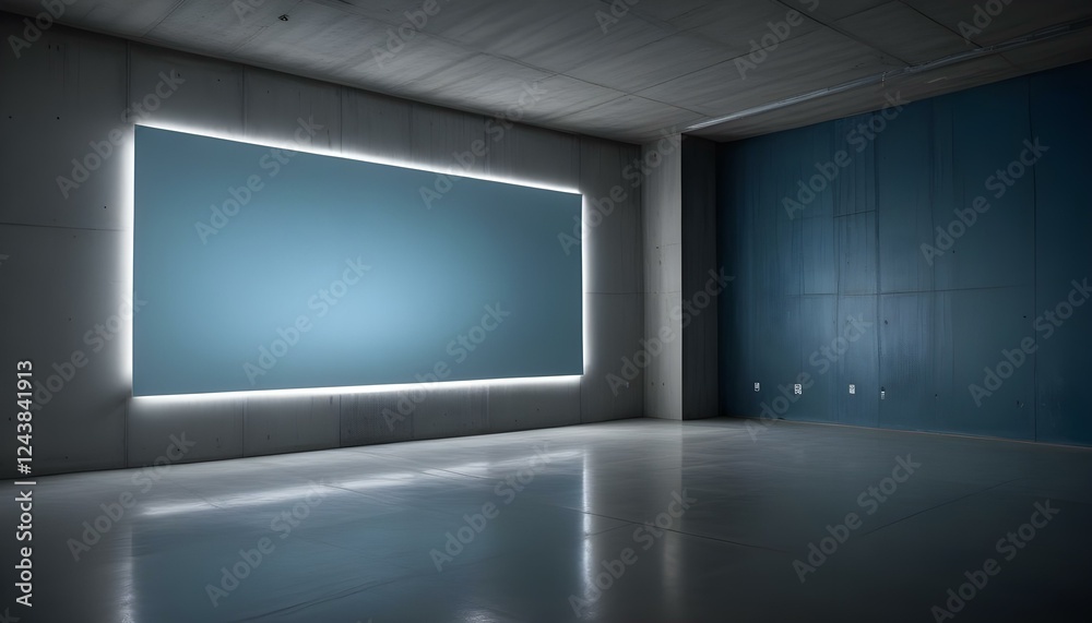 Fototapeta premium Una gran pantalla blanca iluminada o una pantalla en una habitación oscura y minimalista con piso y paredes de concreto. La iluminación crea un efecto cálido