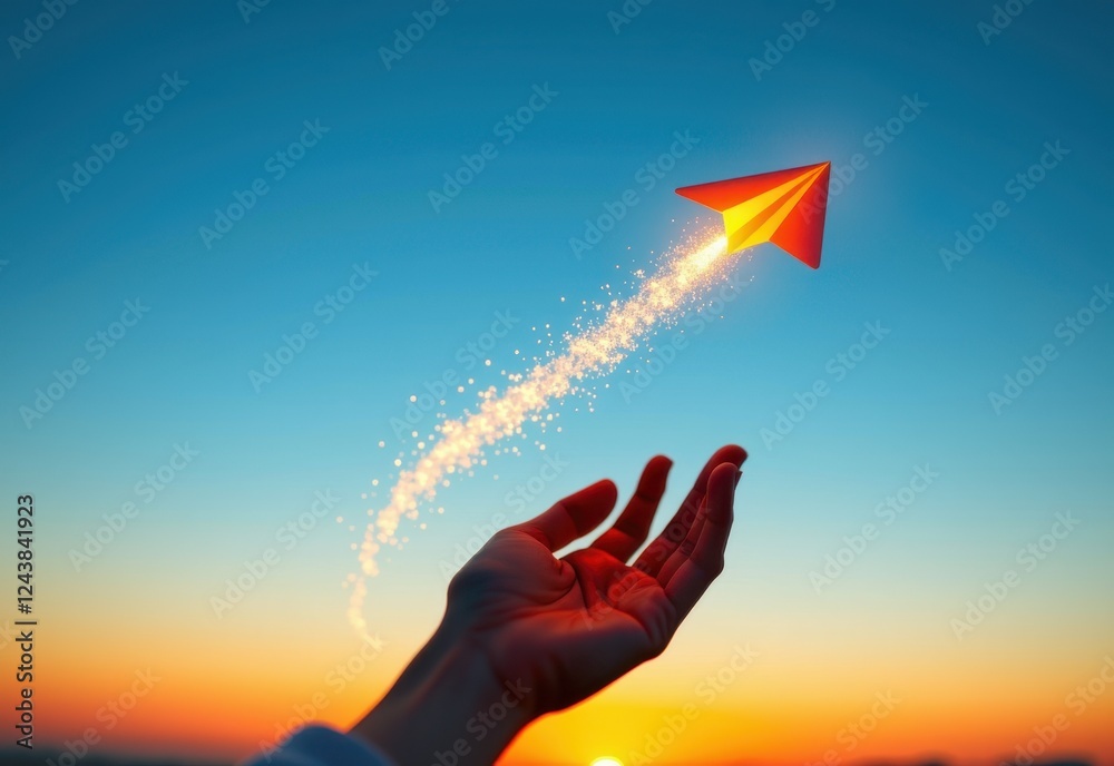A hand releases a paper airplane with a trail of sparkling light following it symbolizing dreams aspirations and the pursuit of goals. A hand releases a paper airplane with a trail of sparkling light following it symbolizing dreams aspirations and the pursuit of goals.