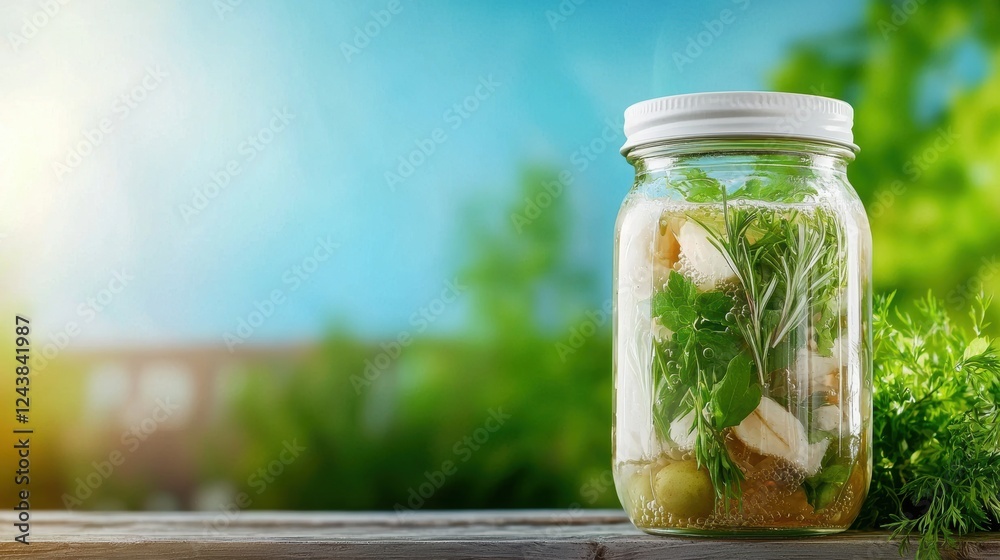 Fermented Foods boost Immunity. A jar filled with fresh herbs and vegetables, set against a bright outdoor background. Fermented Foods boost Immunity. A jar filled with fresh herbs and vegetables, set against a bright outdoor background.