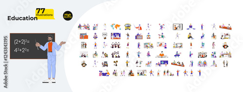 Education cartoon flat illustrations mega bundle. Children students and teachers at school 2D images isolated on white. Learning lessons to get basic knowledge collection vector drawings colorful