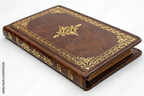 Vintage brown leather book cover with gold embossing, vintage leather, leather goods, classic design, high quality leather, worn brown leather