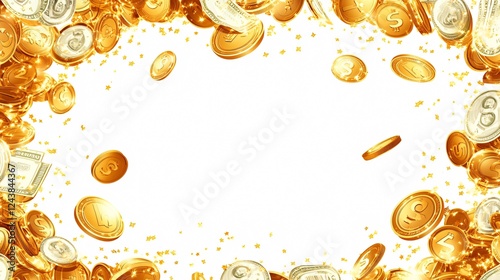 Money Frame with Coins and Sparkles Greeting Card with Gift Cards, Cash, and Decoration for Retail and E-commerce Marketing