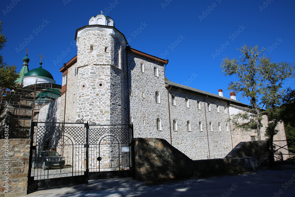 Old Russik Monastery in Mount Athos - mountain on the Athos peninsula in northeastern Greece. Old Russik Monastery in Mount Athos - mountain on the Athos peninsula in northeastern Greece.