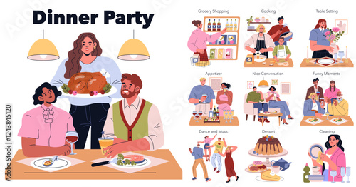 Dinner Party. Flat Vector Illustration