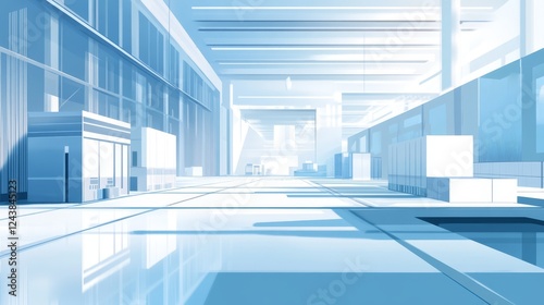 Long blue hallway with white floor, a modern architectural perspective in serene empty space