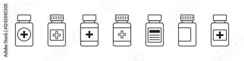 Medicine bottle icon. Pill container vector set. Medical bottle sign. Isolated pills bottle icon.