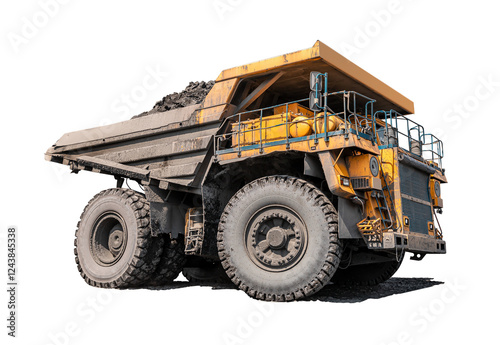 Large quarry dump truck. Big yellow mining truck at work site. Loading coal into body truck. Production useful minerals. Mining truck mining machinery to transport coal from open-pit production photo