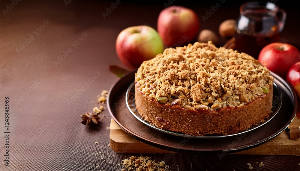 Fototapeta premium apple and nut cake topped with a spicy streusel with copy space image place for adding text or design