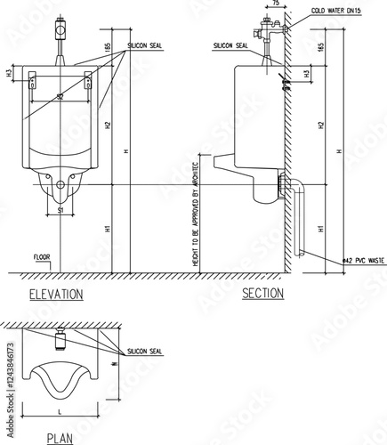 vector sketch, silhouette illustration, typical service sink installation detail design  