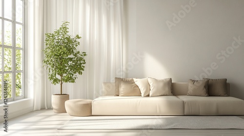 Modern living room with a minimalist design and a potted plant near a large window. Generative AI