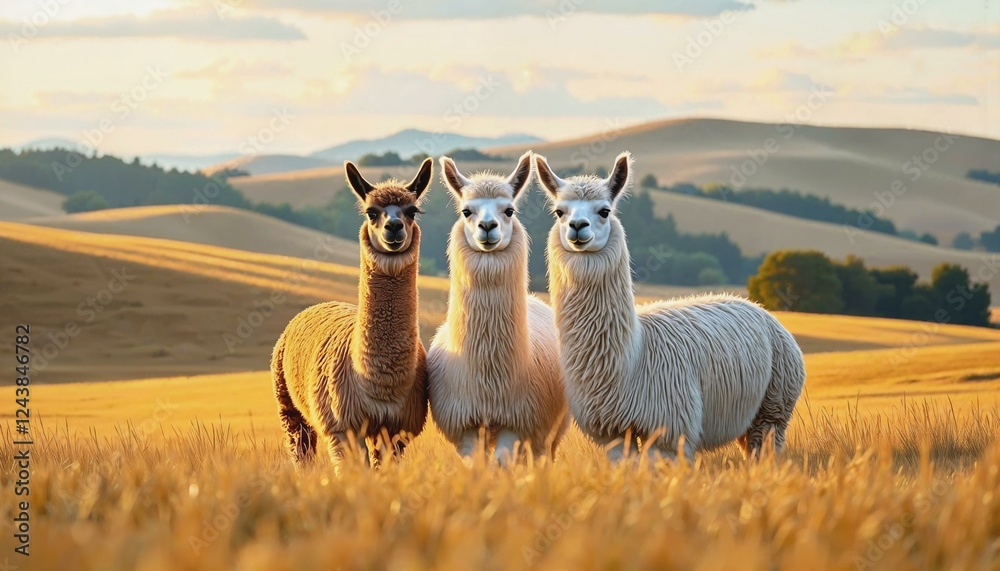 Fototapeta premium Trio of llamas standing in a golden field with rolling hills