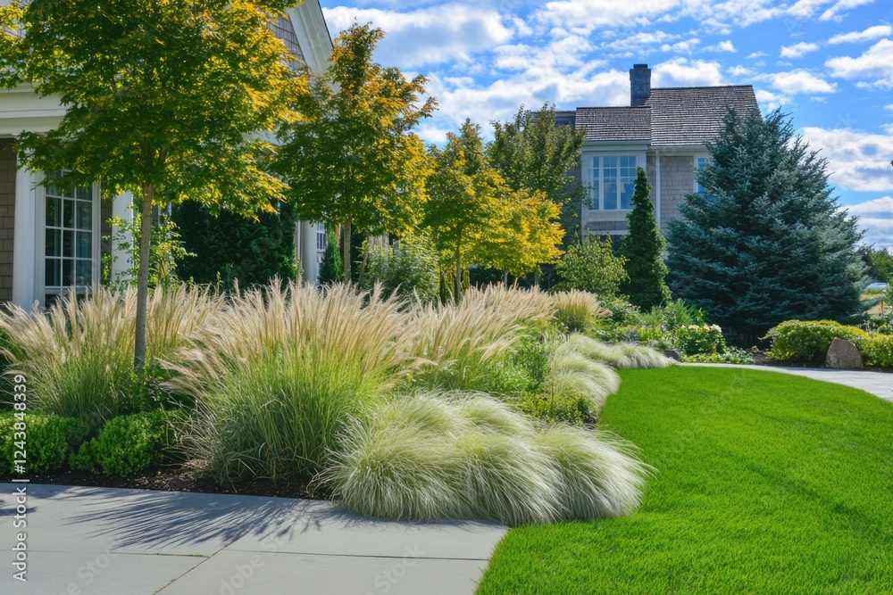 Obraz premium A beautifully designed garden landscape showcases ornamental grasses and vibrant trees, all set against a bright blue sky and situated near a contemporary home