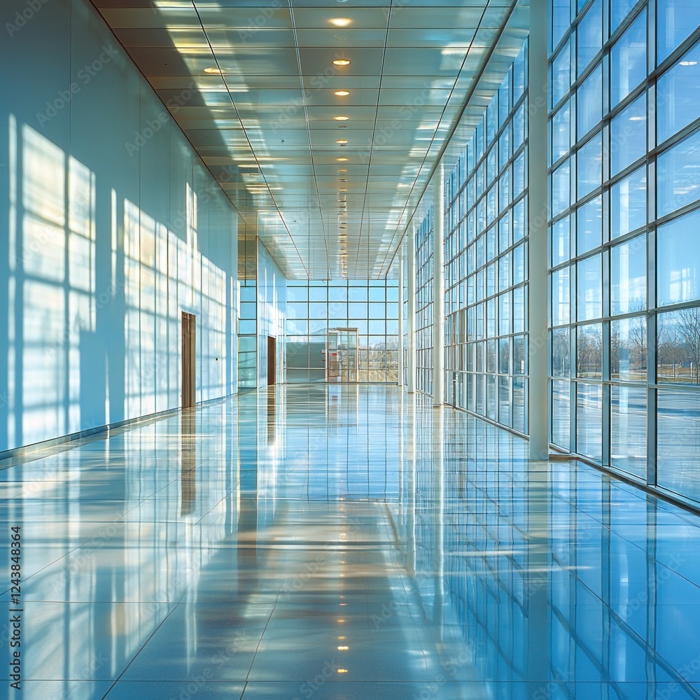 Modern architectural interior showcasing a spacious corridor with large glass windows reflecting natural light, ideal for design inspiration Modern architectural interior showcasing a spacious corridor with large glass windows reflecting natural light, ideal for design inspiration