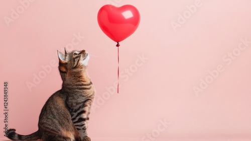 Wallpaper Mural Cat gazing at a heart-shaped balloon on a soft pink background, radiating charm and affection, perfect for Valentine’s Day promotions or romantic-themed projects Torontodigital.ca