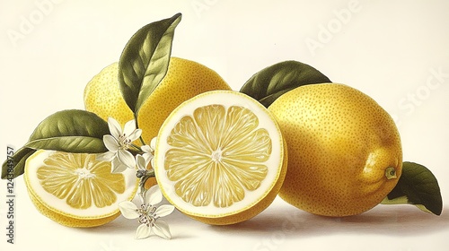 A classic botanical illustration of a lemon on a white background.