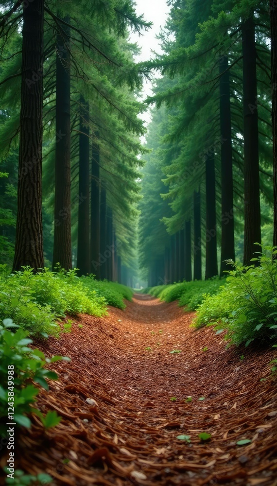 A serene and peaceful atmosphere is created by a thick layer of pine needles covering the ground in front of a green wall of pine trees, foliage, wildlife A serene and peaceful atmosphere is created by a thick layer of pine needles covering the ground in front of a green wall of pine trees, foliage, wildlife