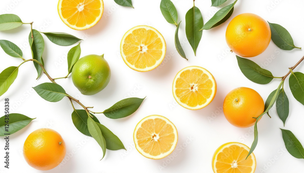 Fresh Oranges and Limes with Leaves Flat Lay Photography Fresh Oranges and Limes with Leaves Flat Lay Photography