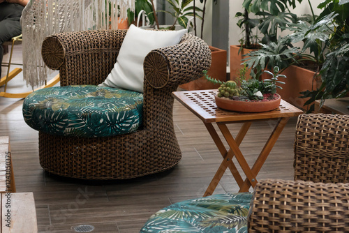 Un espacio en la terraza con plantas verde y muebles con colores conectando con la Naturaleza. photo