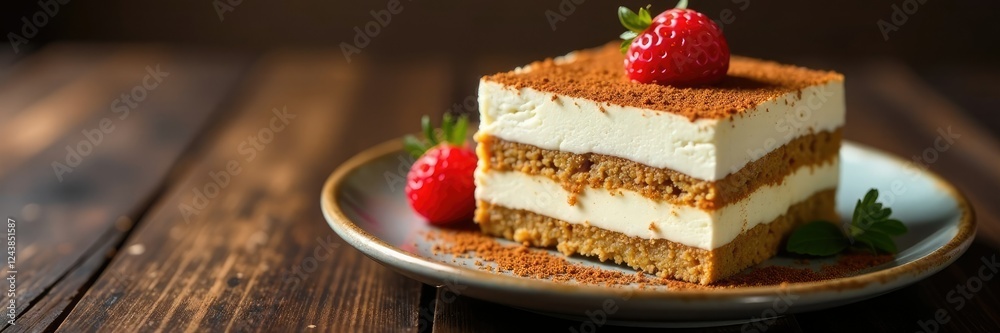 Creamy tiramisu layered dessert on dark wooden table, wood, brown Creamy tiramisu layered dessert on dark wooden table, wood, brown