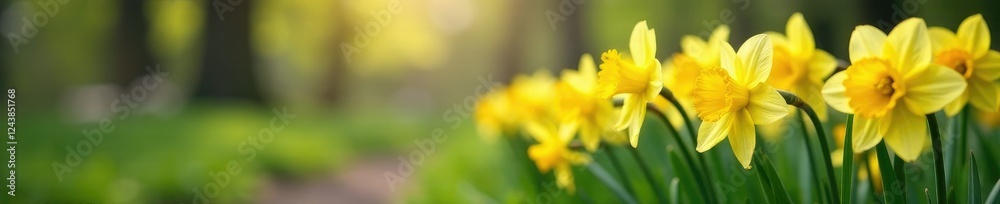 Daffodil plants in a spring garden with a subtle misty atmosphere and soft focus, daffodils, garden, nature Daffodil plants in a spring garden with a subtle misty atmosphere and soft focus, daffodils, garden, nature